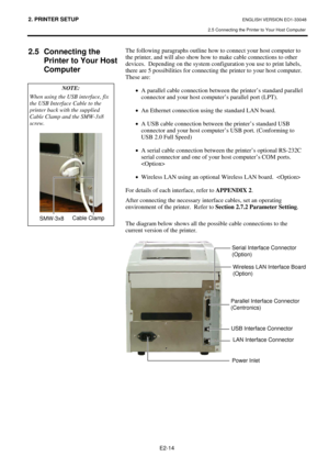 Page 27
2. PRINTER SETUP ENGLISH VERSION EO1-33048 
2.5 Connecting the Printer to Your Host Computer
 
E2-14 
2.5 Connecting the  Printer to Your Host 
Computer  
  The following paragraphs outline how to connect your host computer to 
the printer, and will also show how 
to make cable connections to other 
devices.  Depending on the system configuration you use to print labels, 
there are 5 possibilities for connecting the printer to your host computer.  
These are: 
•  A parallel cable connection between  the...