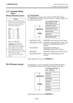 Page 34
2. PRINTER SETUP ENGLISH VERSION EO1-33048 
2.7 Setting an Operating Environment
 
E2-21 
2.7.2 Parameter Setting  (Cont.) 
„ Serial (RS-232C) Interface  
 
 
 
 
 
 
 
 
 
 
 
 
 
 
 
 
 
 
 
 
 
 
 
 
 
 
 
 
 
 
 
 
„  LCD Message Language   
 
 
(5) Flow Control 
This parameter is to choose a flow control of the RS-232C interface. 
As “XON+READ AUTO” has been c
hosen as default, change it in 
accordance with your PC.  
 
 
 
 
 
 
 
 
 
 
 
 
  XON/XOFF AUTO:  XON/XOFF mode  (Software Flow Control)...