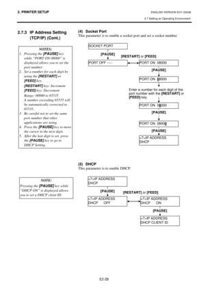 Page 41
2. PRINTER SETUP ENGLISH VERSION EO1-33048 
2.7 Setting an Operating Environment
 
E2-28 
2.7.3  IP Address Setting  (TCP/IP) (Cont.) 
 
 
 
  (4)  Socket Port  
This parameter is to enable a socket port and set a socket number.  
 
 
 
 
 
 
 
 
 
 
 
 
 
 
 
 
 
 
 
 
 
 
 
 
 
 
 
 
 
 
(5) DHCP  
This parameter is to enable DHCP. 
 
 
PORT ON  0800
0 
IP ADDRESS 
DHCP 
PORT ON  08000 PORT OFF ----- 
PORT ON  08000 
PORT ON  0 8000 
SOCKET PORT 
[RESTART]  or [FEED] 
[PAUSE] 
[PAUSE] 
Enter a number...