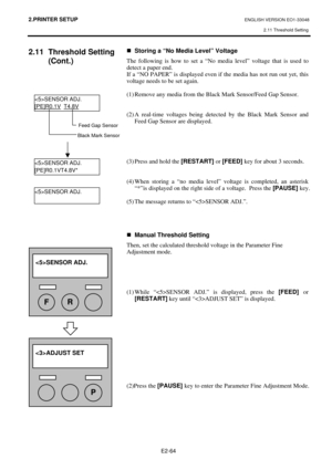 Page 77
2.PRINTER SETUP ENGLISH VERSION EO1-33048 2.11 Threshold Setting
 
E2-64 
2.11 Threshold Setting  (Cont.) 
 
 
 
 
 
 
 
 
 
 
 
 
 
 
 
 
 
 
 
 
 
 
 
 
 
 
 
 
„ Storing a “No Media Level” Voltage  
The following is how to set a “No medi a level” voltage that is used to 
detect a paper end.   
If a “NO PAPER” is displayed even if the media has not run out yet, this 
voltage needs to be set again.  
 
(1) Remove any media from the Black Mark Sensor/Feed Gap Sensor.  
 
 
(2) A real-time voltages being...