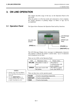 Page 79
3. ON LINE OPERATION ENGLISH VERSION EO1-33048 3.1 Operation Panel 
 
E3- 1 
3.  ON LINE OPERATION
 
 
 
 
3.1 Operation Panel 
 
 
 
 
 
 
 
 
 
 
 
 
 
 
 
 
 
 
 
 
 
 
 
 
 
This chapter describes usage of the ke ys on the Operation Panel in On 
Line mode.  
When the printer is in On Line mode and connected to a host computer, 
the normal operation of printing im ages on labels or tags can be 
accomplished.  
 
 
The figure below illustrates the Operation Panel and key functions.  
 
 
 
 
 
The LCD...