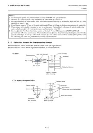 Page 92
7. SUPPLY SPECIFICATIONS ENGLISH VERSION EO1-33048 7.1 Media
 
E7- 2 
 
  
 
 
 
 
 
 
 
 
 
 
 
 
7.1.2  Detection Area of  the Transmissive Sensor 
The Transmissive Sensor is movable from the centre to the left edge of media.   
The Transmissive Sensor detects a ga p between labels, as illustrated below. 
 
 
 
 
 
 
 
 
 
 
 
 
 
 
NOTES: 
1.  To ensure print quality and print head life use only TOSHIBA TEC specifi\
ed media. 
2.  The ratio of a label length to a gap length must be a minimum of 3 to...