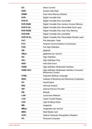 Page 117DC:Direct CurrentDDR:Double Data RateDIMM:Dual Inline Memory ModuleDVD:Digital Versatile DiscDVD-R:Digital Versatile Disc-recordableDVD-RAM:Digital Versatile Disc-random Access MemoryDVD-R DL:Digital Versatile Disc Recordable Dual LayerDVD-ROM:Digital Versatile Disc-read Only MemoryDVD-RW:Digital Versatile Disc-rewritableDVD+R DL:Digital Versatile Disc Recordable Double LayerFAT:File Allocation TableFCC:Federal Communications CommissionFHD:Full High DefinitionGB:gigabyteGBps:gigabytes per secondHD:High...