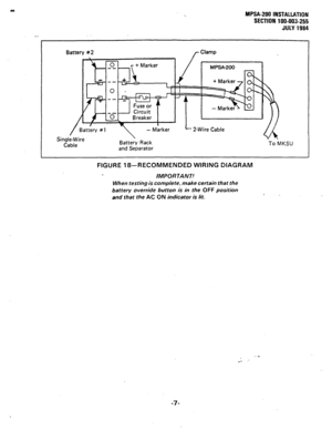 Page 50MPSA-200 INSTALLATION 
SECTION 100-003-255 
JULY 1984 
Battery #2 r Clamp 
1 ‘k m r + Marker 
A -- 
-- 
0 
-- 1 / 1 MPSA-200 
si”g,&iz9yLJ 
Cable Battery Rack 
and Separator To MKSU 
FIGURE 18--RECOMMENDED WIRING DIAGRAM 
IMPORTANT! 
When testing is complete, make certain that the 
battery override button is in the OFF position 
and that the AC ON indicator is lit.  