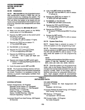 Page 63SYSTEM PROGRAMMING 
.SECTlON 100-003-300 
J@Y 1994 
. - 
02.60 Initialization 
02.61 Sfwate 
S has a list of standard system 
data assignments stored in ROM that can be 
entered anytime by initializing the system. The 
system must be initialized when it is first installed. 
This will allow the system to be tested and any 
faults to be corrected before time is spent on pro- 
gramming. Standard data assignments are listed 
in Table 2. 
02.62 To initialize the 
Strata S system: 
Make sure the power switch...