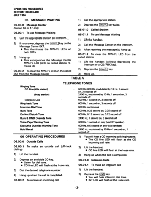 Page 87OPERATING PROCEDURES 
SECTION 100-003-400 
JULY 1994 - 
05 MESSAGE WAITING 
0500.0 Message Center 
Station 10 or 11 on& 
0500.1 To use Message Waiting 
1) Call the appropriate station on intercom. _ _ 
2) If no answer, depress the IMW/FI] key on the 
Message Center EKT. 
l This illuminates the MW/FL LEDs on 
both EKTs. 
3) Hang up. 
l This extinguishes the Message Center 
MW/FL LED (LED on called station re- 
mains lit). 
05.00.2 To clear the MW/FL LED on the called 
EKT from the Message Center 
06...