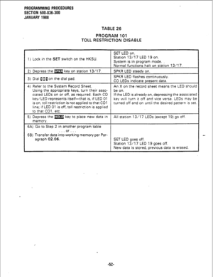 Page 128PROGRAMMING PROCEDURES 
SECTION 500-036-300 
JANUARY 1988 
TABLE 26 
PROGRAM 101 
TOLL RESTRICTION DISABLE 
SET LED on. 
1) Lock in the 
SET switch on the HKSU. Station 13/l 7 LED 19 on. 
System is in program mode. , 
2) Depress the m key on station 13/l 7. 
3) Dial a 1 fl on the dial pad. Normal functions halt on station 13/17. 
SPKR LED steady on. 
SPKR LED flashes continuously. 
CO LEDs indicate present data. 
4) Refer to the System Record Sheet. 
An X on the record sheet means the LED should 
Using...