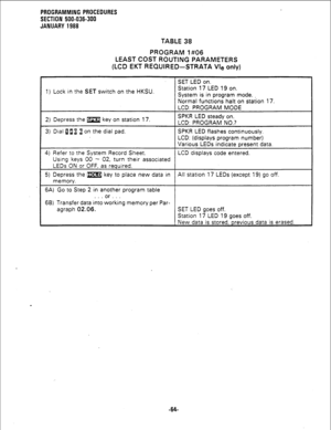 Page 140PROGRAMMING PROCEDURES 
SECTION 500-036-300 
JANUARY 1988 
TABLE 38 
PROGRAM 1#06 
LEAST COST ROUTING PARAMETERS 
(LCD EKT REQUIRED-STRATA Vie only) 
SET LED on. 
1) Lock in the 
SET switch on the HKSU. Station 17 LED 19 on. 
System is in program mode. 
Normal functions halt on station 17. 
LCD: PROGRAM MODE 
2) Depress the m key on station 17. SPKR LED steady on. 
LCD: PROGRAM NO.? 
3) Dial i pa 1 on the dial pad. 
SPKR LED flashes continuously. 
LCD: (displays program number) 
Various LEDs indicate...