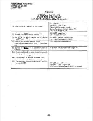 Page 148PROGRAMMING PROCEDURES 
SECTION 500-036-300 
JANUARY 1988 
TABLE 46 
PROGRAM l#X70 - 73 
START TIME C SCHEDULE 
(LCD EKT REQUIRED-STRATA Vie only) 
SET LED on. 
1) Lock in the SET switch on the HKSU. Station 17 LED 19 on. 
System is in program mode. I 
Normal functions halt on station 17. 
LCD: PROGRAM MODE 
2) Depress the m key on station 17. SPKR LED steady on. 
LCD: PROGRAM NO.? 
3) Dial [ifljl - jgon the dial pad. X = Route SPKR LED flashes continuously. 
Table 1 - 8. LCD: (displays dialed number)...