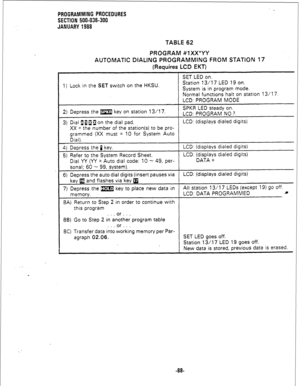 Page 164PROGRAMMING PROCEDURES 
SECTION 500-036-300 
JANUARY 1988 
TABLE 62 
PROGRAM #lXX*YY 
AUTOMATIC DIALING PROGRAMMING FROM STATION 17 
(Requires LCD EKT) 
~I SET LED on. 
1) Lock in the 
SET switch on the HKSU. Station 13/l 7 LED 19 on. 
System is in program mode. 
Normal functions halt on station 13/l 7 
LCD: PROGRAM MODE 
2) Depress the m key on station 13/l 7. SPKR LED steady on. 
LCD: PROGRAM NO.?. 
3) Dial jpfla on the dial pad. LCD: (displays dialed digits) 
XX = the number of the station(s) to be...