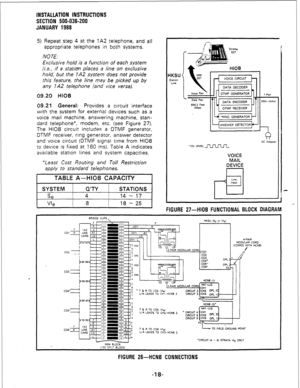 Page 20INSTALLATION INSTRUCTIONS 
SECTION 500-036-200 
JANUARY 1988 
5) Repeat step 4 at the lA2 telephone, and all 
appropriate telephones in both systems. 
NO TE. 
Exclusive hold is a function of each system 
(i.e., if a station places a line on exclusive 
hold, but the IA2 system does not provide 
this feature, the line may be picked up by 
any 1 A2 telephone (and vice versa). 
09.20 HI06 
09.21 General: 
Prqvides a circuit interface 
with the system for external devices such as a 
voice mail machine,...