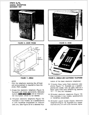 Page 6STRATA Se/We 
GENERAL DESCRIPTION 
NOVEMBER 1987 
FIGURE 6--DOOR PHONE 
FIGURE 7-MRGU 
FIGURE g--SINGLE-LINE ELECTRONIC TELEPHONE 
NOTE. 
tration of the basic electronic telephone.) 
Only the telephone receiving the off-hook 
call announcement is required to have the 
HVSU PC6 installed. 3) lo-button Busy Lamp Field electronic tele- 
phone (Figure 11): Available as a speaker- 
phone-only model, with 16 LEDs used as a 
Busy Lamp Field (with STRATA Se stations 
10 - 17 only are indicated).  1) Single-line...