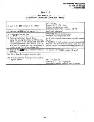 Page 116PROGRAMMING PROCEDURES 
SECTION 500-036-300 
- JANUARY 1988 
TABLE 17 
PROGRAM 0#7 
AUTOMATIC RELEASE ON HOLD TIMING 
SET LED on. 
1) Lock in the SET switch on the HKSU. 
2) Depress the m key on station 13/17. 
3) Dial 81a on the dial pad. Station 13/l 7 LED 19 on. 
System is in program mode. .*- 
Normal functions halt on station 13/17. 
SPKR LED steady on. 
SPKR LED flashes continuously. 
CO LEDs indicate present data. 
4) Refer to the System Record Sheet. An X on the record sheet means the LED should...