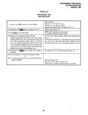 Page 122TABLE 23 
PROGRAM 190 
PBX BACKUP PROGRAMMING PROCEDURES 
SECTION 500-036-300 
_ JANUARY 1988 
SET LED on. 
1) Lock in the SET switch on the HKSU. 
2) Depress the m key on station 13/l 7. 
3) Dial 011 on the dial pad. Station 13/17 LED 19 on. 
System is in program mode. .*- 
Normal functions halt on station 13/17. 
SPKR LED steady on. 
SPKR LED flashes continuously. 
CO LEDs indicate present data. 
4) Refer to the System Record Sheet. 
An X on the record sheet means the LED should 
Using the appropriate...