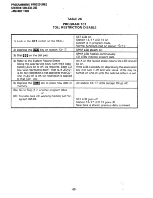 Page 125PROGRAMMING PROCEDURES 
SECTION 500-036-300 
JANUARY 1988 
TABLE 26 
PROGRAM 101 
TOLL RESTRICTION DISABLE 
, 
1) Lock in the SET switch on the HKSU. 
2) Depress the m key on station 13/l 7. 
3) Dial iii on the dial pad. 
4) Refer to the System Record Sheet. 
Using the appropriate keys, turn their asso- 
ciated LEDs on or off, as required. Each CO 
key/LED represents itself-that is, if LED 01 
is on, toll restriction is not applied to that CO1 
line; if LED 01 is off, toll restriction is applied 
to that...