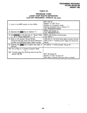 Page 142PROGRAMMING PROCEDURES 
SECTION 500-036-300 
JANUARY 1988 
TABLE 43 
PROGRAM 1 #X8Y 
LEAST COST ROUTE DEFINITION 
(LCD EKT REQUIRED-STRATA Vie only) 
1) Lock in the SET switch on the HKSU. 
2) Depress the m key on station 17. 
3) Dial BlIag on the dial pad. X = Route Table 
1 - 8: Y = Route Definition 1 - 4. 
4) Refer to the System Record Sheet. 
Using the dial pad, enter the Route Definition 
number and Modified Digits Table number. 
5) Depress the irr;m key to place new data in 
memory. 
6A) Go to Step...