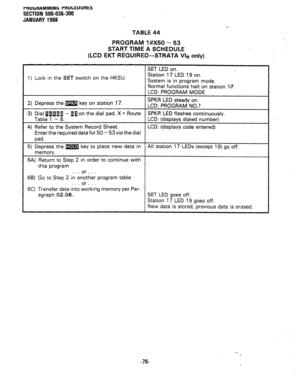 Page 143IVWUHAMMINti tWJlitUlJH~~ 
SECTION 500-036-300 
JANUARY 1988 
TABLE 44 
PROGRAM l#X50 - 53 
START TIME A SCHEDULE 
(LCD EKT REQUIRED-STRATA Vie only) 
SET LED on. 
1) Lock in the SET switch on the HKSU. Station 17 LED 19 on. 
System is in program mode. 
Normal functions halt on station 147. 
LCD: PROGRAM MODE 
2) Depress the m key on station 17. SPKR LED steady on. 
LCD: PROGRAM NO.? 
3) Dial flIEfIa - 11 on the dial pad. X = Route SPKR LED flashes continuously. 
Table 1 - 8. LCD: (displays dialed...