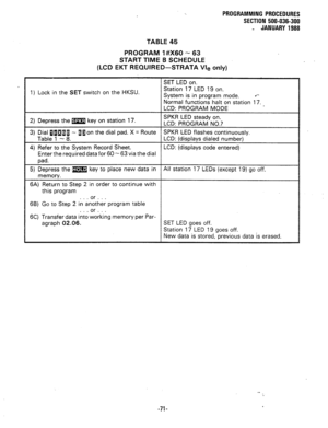 Page 144PROGRAMMING PROCEDURES 
SECTION 500-036-300 
- JANUARY 1988 
TABLE 45 
PROGRAM l#X60 - 63 
START TIME B SCHEDULE 
(LCD EKT REQUIRED-STRATA Vie only) 
SET LED on. 
1) Lock in the SET switch on the HKSU. Station 17 LED 19 on. 
System is in program mode. .*- 
Normal functions halt on station 17. 
LCD: PROGRAM MODE 
2) Depress the m key on station 17. SPKR LED steady on. 
LCD: PROGRAM NO.? 
3) Dial ~I~~~ - uaon the dial pad. X = Route SPKR LED flashes continuously. 
Table 1 - 8. LCD: (displays dialed number)...