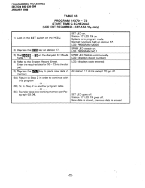 Page 145rnuunnMMllYLl rnubeuunm 
SECTION 500-036-300 
JANUARY 1988 
TABLE 46 
PROGRAM l#X70 - 73 
START TIME C SCHEDULE 
(LCD EKT REQUIRED-STRATA Vie only) 
SET LED on. 
1) Lock in the SET switch on the HKSU. 
2) Depress the m key on station 17. 
3) Dial p~~~~ - al on the dial pad. X = Route 
Table 1 - 8. 
4) Refer to the System Record Sheet. 
Enter the required data for 70- 73 via the dial 
pad. 
5) Depress the cnr;l key to place new data in 
memory. 
6A) Return to Step 2 in order to continue with 
this program...