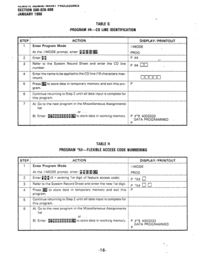 Page 202~CEY#U I L HUIVIIIY~ IYI~IIY I rnuwmutit3 
SECTION 500-026-600 
JANUARY 1988 
TABLE G 
PROGRAM #4-CO LINE IDENTIFICATION 
STEP ACTION 
DISPLAY/PRINTOUT 
1 Enter Program Mode 
>MODE 
At the >MODE prompt, enter: BaaBa. 
PROG 
2 Enter fli. P #4 
.*- 
3 Refer to the System Record Sheet and enter the CO line 
number. P#4clcI . 
4 Enter the name to be applied to the CO line (16 characters max- 
imum). 
q uuuu 
5 Press a to store data in temporary memory and exit this pro- P 
gram. 
6 Continue returning to Step...