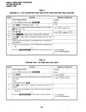 Page 212REMOTE AOMIN/MAINT PROCEDURES 
SECTION 500-026-600 
JANUARY1988 
TABLE V 
PROGRAM 1X1-TOLL RESTRICTION CLASS AREA/OFFICE CODE EXCEPTION TABLE SELECTION 
STEP ACTION 
DISPLAY/PRINTOUT 
1 Enter Program Mode 
>MODE 
At the >MODE prompt, enter: @aa@ a. 
PROG 
2 Enter aa g (X = Restriction class 1 - 4). P 1x1 
.- 
3 Refer to the System Record Sheet and enter the key number: 
~~(NN=OO-07). p ,x, 
q J’J TABLEg 61 
4 Enter a or a . 
P 1X1 
q u TABLE# 0 q 
5 Press mm to step to the next key/LED if required. 
6...