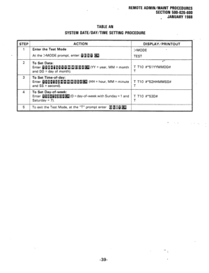 Page 225REMOTE AOMIN/MAINT PROCEDURES 
SECTION 500-026-600 
_ JANUARY 1988 
TABLE AN 
SYSTEM DATE/DAY/TIME SETTING PROCEDURE 
STEP ACTION DISPLAY/PRINTOUT 
1 Enter the Test Mode 
>MODE 
At the >MODE prompt, enter: a 110 m. 
TEST 
2 
To Set Data: .*- 
Enter ~~~I~fl~~~~~~~fi~(‘fY = year, MM = month T TlO #*51YYMMDD# 
and DD = day of month). T 
3 
To Set Time-of-day: 
Enter ~~~fl~~~~[Il~~~~flm (HH = hour, MM = minute T T10 #*52HHMMSS# 
and SS = second). T 
4 To Set Day-of-week: 
Enter ~~fl~~Q~~fl&j(D = day-of-week...