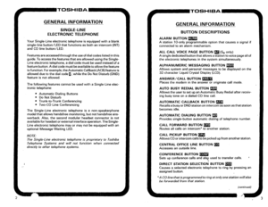 Page 235GENERAL INFORMATION 
SINGLE-LINE 
ELECTRONIC TELEPHONE 
Your Single-Line electronic telephone is equipped with a blank 
single-line button/LED that functions as both an intercom (INT) 
and CO line button/LED. 
Features are accessed through the use of dial codes listed in this 
guide. To access the features that are allowed using the Single- 
Line electronic telephone, a dial code must be used instead of a 
feature button. A dial code must be available to allow the feature 
to function. For example, the...