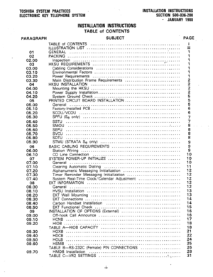 Page 30TOSHIBA SYSTEM PRACTICES 
ELECTRONIC KEY TELEPHONE SYSTEM ’ 
PARAGRAPH 
:i 
02.00 
030300 
03:10 
03.20 
03.30 
040400 
04:10 
04.20 
05 
05.00 
05.10 
05.20 
05.30 
05.40 
05.50 
05.60 
05.70 
05.80 
05.90 
060600 
06:lO 
070700 
07:10 
07.20 
07.30 
07.40 
0:800 
08:lO 
08.20 
08.30 
08.40 
08.50 
09 
09.00 
09.10 
09.20 
09.30 
09.40 
09.50 
09.60 
09.70 
INSTALLATION INSTRUCTIONS 
SECTION 500-036-200 
- JANUARY 1988 
INSTALLATION INSTRUCTIONS 
TABLE of CONTENTS 
SUBJECT 
TABLE of CONTENTS...