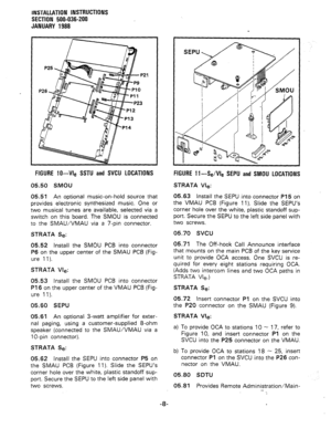 Page 40INSTALLATION INSTRUCTIONS 
SECTION 500-036-200 
JANUARY 1988 
FIGURE IO-Vie SSTU and SVCU LOCATIONS 
05.50 SMOU 
05.51 An optional music-on-hold source that 
provides electronic synthesized music. One or 
two musical tunes are available, selected via a 
switch on this board. The SMOU is connected 
to the SMAU/VMAU via a 7-pin connector. 
STRATA Se: 
05.52 Install the SMOU PCB into connector 
P6 on the upper center of the SMAU PCB (Fig- 
ure 11). 
STRATA We: 
05.53 Install the SMOU PCB into connector 
P16...