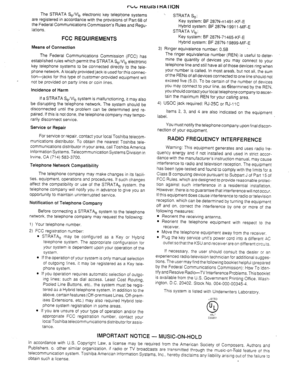 Page 5The STRATA Se/Vie electronic key telephone systems 
are registered in accordance with the provisions of Part 68 of 
the Federal Communications Commission’s Rules and Regu- 
lations. 
FCC REQUIREMENTS 
Means of Connection 
The Federal Communications Commission (FCC) has 
established rules which permit the STRATA Se/VI, electronic 
key telephone systems to be connected directly to the tele- 
phone network. A locally provided jack is used for ihis connec- 
tion-jacks for this type of customer-provided...