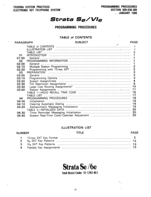 Page 71TOSHIBA SYSTEM PRACTICES PROGRAMMING PROCEDURES 
ELECTRONIC KEY TELEPHONE SYSTEM ’ SECTION 500-036-300 
_ JANUARY 1988 
Strata Se/V/e 
PROGRAMMING PROCEDURES 
PARAGRAPH TABLE of CONTENTS 
SUBJECT PAGE 
.*- 
TABLE of CONTENTS ....................................................... 
ILLUSTRATION LIST ......................................................... 
TABLE LIST ................................................................ 
INTRODUCTION ...............................................................
