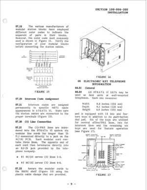 Page 30The various manufacturers of 
modular station blocks have employed 
different color codes to indicate the 
sequence of pairs in their blocks. 
However, the color code most commonly 
used is sho.wn in Figure 15. Verify the 
configuration of your modular blocks 
before connecting the station cables. 
Intercom codes are assigned 
permanently to specific MSTU cable 
appearances in STRATA VI. Make sure 
the station cables are connected to the 
proper terminals (Figure 15). 
The CO/PBX lines are intro- 
duced...