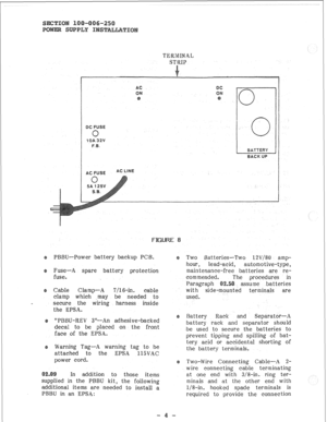 Page 44TERMINAL 
ST RIP 
C FUSE 
PBBU-Power battery backup PCB. 
Fuse-A spare battery protection 
fuse. 
Cable Clamp-A 
7/l 6-in e cable 
clamp which may be needed to 
secure the wiring harness inside 
the EPSA. 
“PBBU-REV 3”--An adhesive-backed 
decal to be placed on the front 
face of the EPSA. 
Warning Tag-A warning tag to be 
attached to the EPSA 115VAC 
power cord. 
In addition to those items 
supplied in the PBBIJ kit, the following 
additional items are needed to install a 
PBBU in an EPSA: Two...