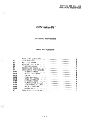 Page 81TABLE OF CONTENTS 
............................ 
LNTRODUC’I’ION 
............................... 
KEY FUNCTIONS 
............................... 
VOLUME CONTROLS 
............................. 
“I”-ILLUMINATION 
.............................. 
TELEPHONE TONES 
............................. 
OPERATING PROCEDURES b. 
....................... 
OUTSIDE CALLS 
INTERCOM CALLS.~.~.~.:::::~.~~~~.~~....::::::: 
PAGING . . 
............ : : : : : : : : : : : : : 
....... 
CALL HOLDING 
................................