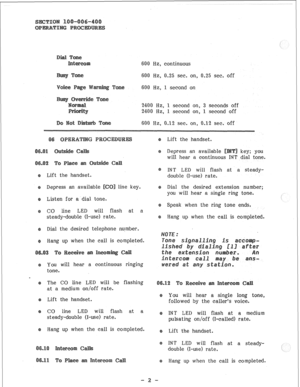 Page 83600 Hz, continuous 
600 Hz, 0.25 sec. on, 0.25 sec. off 
600 Hz, 1 second on 
2400 Hz, 1 second on, 3 seconds off 
2400 Hz, 1 second on, 1 second off 
Lift the handset. 
Depress an available line key. 
Listen for a dial tone. 
CO line LED will flash at a 
steady-double (I-use) rate, 
Dial the desired telephone nu,mber. 
Hang up when the call is completed. 
You will hear a continuous ringing 
tone. 
The CO line LED will be flashing 
at a medium on/off rate. 
Lift the handset. 
CC line LED will flash at a...