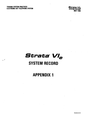 Page 101TOSHIBA SYSTEM PRACTICES 
ELECTRONIC KEY TELEPHONE SYSTEM strata VI, 
SYSTEM RECORD 
MAY 1986 
Strata” VI, 
F-r = 
SYSTEM RECORD 
APPENDIX 1 
TSD 86-W-06  