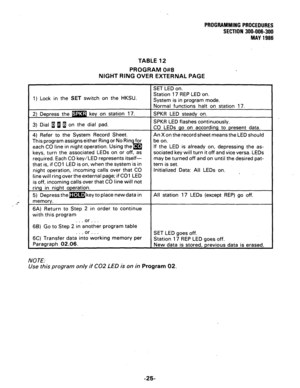 Page 73PROGRAlUlUlING PROCEDURES 
SECTION 300-006-300 
MAY 1986 
TABLE 12 
PROGRAM 0#8 
NIGHT RING OVER EXTERNAL PAGE 
SET LED on. 
1) Lock in the SET switch on the HKSU. Station 17 REP LED on. 
System is in program mode. 
key on station 17. 
3) Dial B fl 1 on the dial pad. 
4) Refer to the System Record Sheet. 
This program assigns either Ring or No Rin 
for 
each CO line in night operation. Using the 
b 
l 
keys, turn the associated LEDs on or off, as 
required. Each CO key/LED represents itself- 
that is, if...