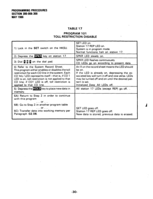 Page 78PROGRAMMING PROCEDURES 
SECTION 300-006-300 
MAY 
1986 
TABLE 17 
PROGRAM 101 
TOLL RESTRICTION DISABLE 
SET LED on. 
1) Lock in the SET switch on the HKSU. Station 17 REP LED on. 
System is in program mode. 
2) Depress the m . key on station 17. 
3) Dial 0 fl 0 on the dial pad. 
4) Refer to the System Record Sheet. 
This program either enables or disables the toll 
restriction for each CO line in the system. Each 
CO key/LED represents itself--that is, if CO 
I 
LED is on, toll restriction is not...