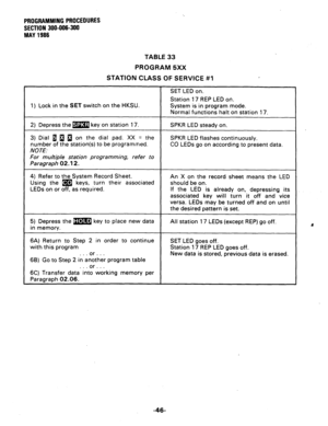 Page 94PROGRAMMING PROCEDURES 
SECTION 300-006-300 
MAY 1986 
TABLE 33 
PROGRAM 5XX 
STATION CLASS OF SERVICE #l 
SET LED on. 
Station 17 REP LED on. 
1) Lock in the 
SET switch on the HKSU. 
System is in program mode. 
Normal functions halt on station 17. 
2) Depress them key on station 17. 
3) Dial g u a on the dial pad. XX = the 
number of the station(s) to be programmed. 
NOTE. 
For multiple station programming, refer to 
Paragraph 02. 
‘I 2. 
SPKR LED steady on. 
SPKR LED flashes continuously. 
CO LEDs go...