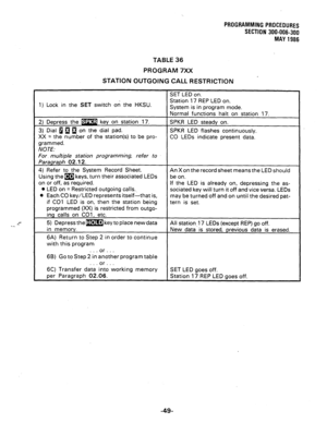 Page 97PROGRAMMING PROCEDURES 
SECTION 300-006-300 
MAY 1986 
TABLE 36 
PROGRAM 7XX 
STATION 
OUTGOING CALL RESTRICTION 
SET LED on. 
1) Lock in the SET switch on the HKSU. Station 17 REP LED on. 
System is in program mode. 
Normal functions halt on station 17. 
m SPKR LED steady on.  2) Depress the l 
3) Dial 0 a m on the dial pad. 
SPKR LED flashes continuously. 
XX = the number of the station(s) to be pro- 
CO LEDs indicate present data. 
grammed. 
NOTE: 
For. 
multiple station programming, refer to...