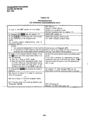 Page 100TABLE 39 
PROGRAM ?XX 
‘CO RINGING ASSIG-&FqlENTS-NITE 
. . 
Station 17 REP LED+_wI. 
System is in program mode. 
Normal functions.:hait on st@ion 17. 
on programming, refer to 
1. A& station(s)6 designated to ring must be allowed access via 
Program 3XX. 
2. A maxi@um of 
eight .sZations may be assigned to ring ‘for any gien CO tina. If more are 
assigned, the lowest eight station’ nc 
&--- 
4) 
f;efer to the-System Record Sheet. UV 
the m keys, turn their.associated heet meansthe.LED~shou.Ld : 
LEDs CI...