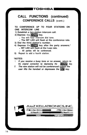 Page 19-ToSH’6A-CALL FUNCTIONS (continued)
CONFERENCE CALLS (cont.)
TO CONFERENCE UP TO FOUR STATIONS ON
ONE INTERCOM LINE
1) Establish a two-station intercom call.
2) Depress 
them key.
l You will hear intercom dial tone.l The INT LED will flash at the conference rate.
3) Dial the third station’s number.
4) Depress 
them key after the party answers.*
l INT LED will flash at the l-use rate.
l All parties will be conferenced.5)
Repeat to add a fourth station.*NOTES:
1.If you receive a busy tone or no answer,...