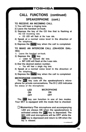 Page 24CALL FUNCTIONS (continued)
SPEAKERPHONE (cont.)TO RECEIVE AN INCOMING CALL
1) You will hear a ringing tone.
2) Leave the handset on-hook.
3) Depress the key of the CO line that is flashing at
the CO incoming rate.
l CO LED will flash at the l-use rate.4) Speak at a normal voice level in the direction of
the telephone.5) Depress the 
m key when the call is completed.
TO MAKE AN INTERCOM CALL (ON-HOOK DIAL-
ING)
1)Leave the handset on-hook.2) Depress the 
m key.
l Listen for intercom dial tone.l INT LED...