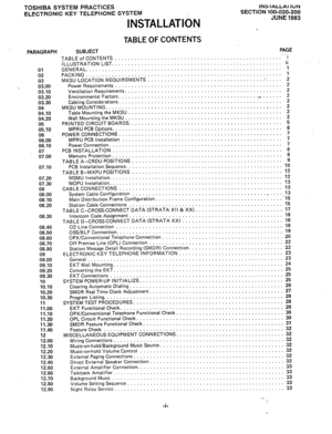 Page 23TOSHIBA SYSTEM PRACTICES INS IALLAI IUN 
ELECTRONIC KEY TELEPHONE SYSTEM 
INSTALLATlbN 
SECTION 100-020-200 
JUNE 1983 
PARAGRAPH 
TABLE OF CONTENTS 
SUBJECT PAGE 
TABLEofCONTENTS 
................................................... ..i 
ILLUSTRATION LIST ii .................................................... 
GENERAL ...................................................................................................................... 
PACKING.. ; 
MKSU LOCATION REQUIREMENTS...