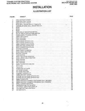 Page 24TOSHIBA SYSTEM PRACTICES 
ELECTRONIC KEY TELEPHONE SYSTEM 
INSTALLATlON 
ILLUSTRATION LIST 
FIGURE SUBJECT 
1 
2 
3 
4 
5 
6 
7 
8 
9 
10 
11 
12 
13 
14 
15 
16 
17 
18 
19 
20 
21 
22 
23 
24 
25 
26 
27 
28 
29 
30 
31 
32 
33 
34 
35 
36 
37 
38 
39 
40 
41 
42 
43 
44 
45 
46 
47 
IN3 IHLLAI IUN 
SECTION 100-020-200 
JUNE 1983 
PAGE 
CRDUBATTERYSTRAP.. 
........................................ .._ 
... 1 
AMMUBArrERYSTRAP 
............................................... 1 
MSMUBATTERYSTRAP...