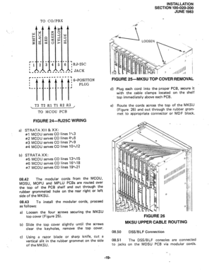 Page 43INSTALLATION 
SECTION 100-020-200 
JUNE 1983 
TO CO/PBX 
; R J-25C 
L: JACK 
r”” ____ --“““I 
T3 T2 Rl Tl R2 R3 
TO MCOU PCB 
FIGURE 24-RJ25C WIRING 
a) STRATA XII & XX: 
#l MCOU serves CO lines 
1x3 
#2 
MCOU serves CO lines 4x6 
#3 
MCOU serves CO lines 7x9 
#4 
MCOU serves CO lines lo-12 
b) STRATA XX: 
#5 MCOU serves CO lines 13~15 
#6 MCOU serves CO lines 16s18 
$7 MCOU serves CO lines 19%21 
08.42 The modular cords from the MCOU, 
MDSU, MOPU and MPLU PCBs 
are routed over 
the top of the PCB shelf...