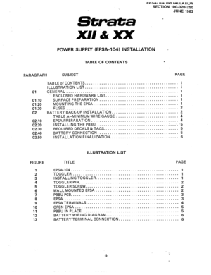 Page 61craH- 1u4 IlKa IALLAI IUN 
SECTION 100-020-250 
JUNE 1983 
Strata 
XII&xx 
POWER SUPPLY (EPSA-104) INSTALLATION 
TABLE OF CONTENTS 
PARAGRAPH SUBJECT PAGE 
01 
01.10 
01.20 
01.30 
02 
02.10 
02.20 
02.30 
02.40 
02.50 
FIGURE TITLE 
PAGE 
1 EPSA-104 
.................................................... 
1 
2 TOGGLER 
................................................... 
1 
3 INSTALLING TOGGLER ........................................ 
1 
4 TOGGLERPIN 
................................................ 
2...