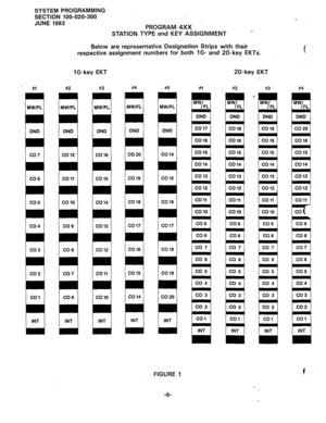 Page 77SYSTEM PROGRAMMING 
SECTION 100-020-300 ‘. 
JUNE 1983 
PROGRAM 4XX 
STATION TYPE and KEY ASSIGNMENT 
Below are representative Designation Strips with. their 
respective assignment numbers for both IO- and ZO-key EKTs. 
MWlFL MW/FL 
DND DND 
CO6 
CO6 
INT INT 
IO-key EKT 
MWlFL 
DND 
INT MWIFL 
DND 
CO16 
CO18 
INT 
FIGURE 1 20-key EKT 
#l #2 
) CO18 ) 
1 CO16 ) 
1 CO16 1 
( CO16 1 1 CO16 1 
. . 
-6-  