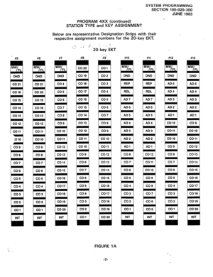 Page 78SYSTEM PROGRAMMING 
.. 
SECTION 100-020-300 
JUNE 
1983 
#kl2 
PROGRAM 4XX (continued) 
STATION TYPE and KEY ASSIGNMENT 
Below are representative Designation Strips with their 
respective assignment numbers for the ZO-key EKT. 
#5 
-n 
I 
_i -/ i-‘. ._.. ., 7 
#8 
20-key EKT 
-._ 
--#9’, ##l3 ##-IO #ll  #8 #7 
1 
DND t 
1 REP 1 
1 RDL 1 ) CO16 1 
1 AD3 1 riolg I 
1 AD61  I CO6 1 1 1x12 1 1 CO18 1 
1 AD51  F-CO 8 
1 
I 1 AD3 1 AD3 1 
1 AD21 
1 AD11 
1 
CO8 1 
1 CO8 1 
b3 1 
(CO16 1  1 CO16 1 
1 CO81  )...