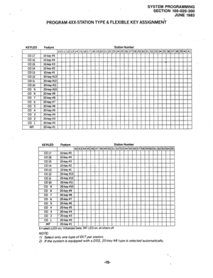 Page 86SYSTEM PROGRAMMING 
SECTION 100-020-300 
JUNE 1983 
PROGRAM 
4XX-STATION TYPE & FLEXIBLE KEY ASSIGNMENT 
KEY/LED 
Feature 
Station Number 
co 17 
CO 16 
co 15 
co 14 
co 13 
co 12 
toll 
co 10 
co 9 
CO 8 
co 7 
CO 6 
co 5 
co 4 
co 3 
m 7 10 11 12 13 14 15 16 
17 18 19 20 21 22 
23 24 25 26 27 28 29 
30 31 32 33 34 35 36 
37 38 39 40 41 
lO-key #5 
lo-key #4 
Xl-key #3 
K&key #2 
LO-key #l 
20-key #13 
20key #12 
20-key #ll 
20-key #lo 
20-key #9 
20-key #8 
20-key #7 
20key #6 
20-key #5 
2Chkey #4...